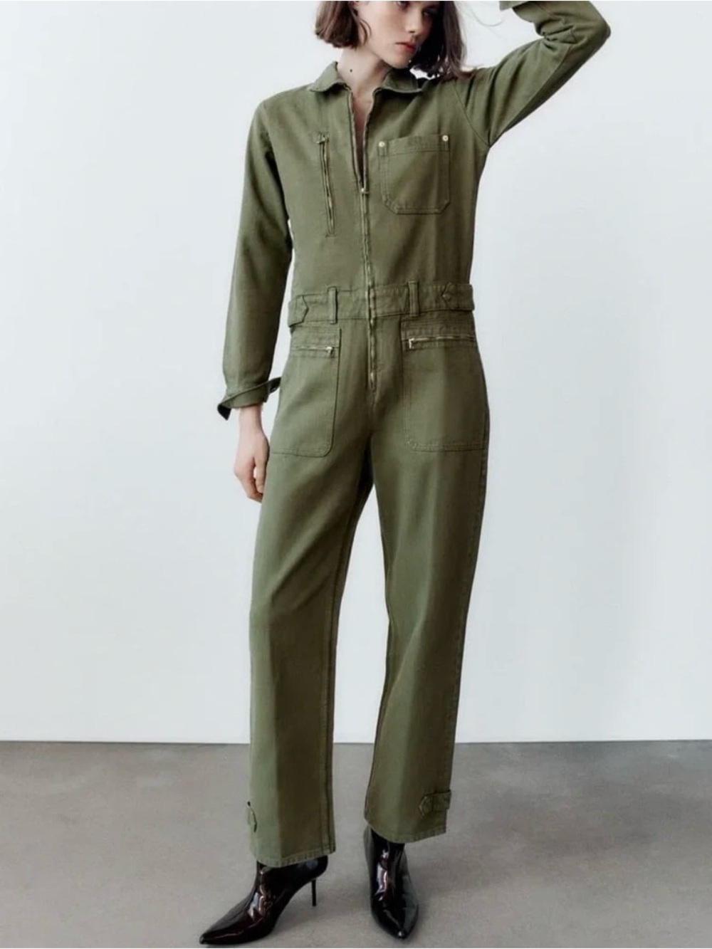 NWT Zara straight fit utility jumpsuit Dark Khaki Size Medium